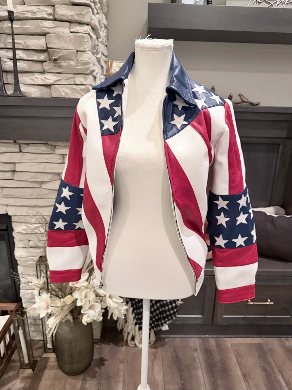 NWT Women's Patriotic Flag-Print Leather Jacket - Red White Blue